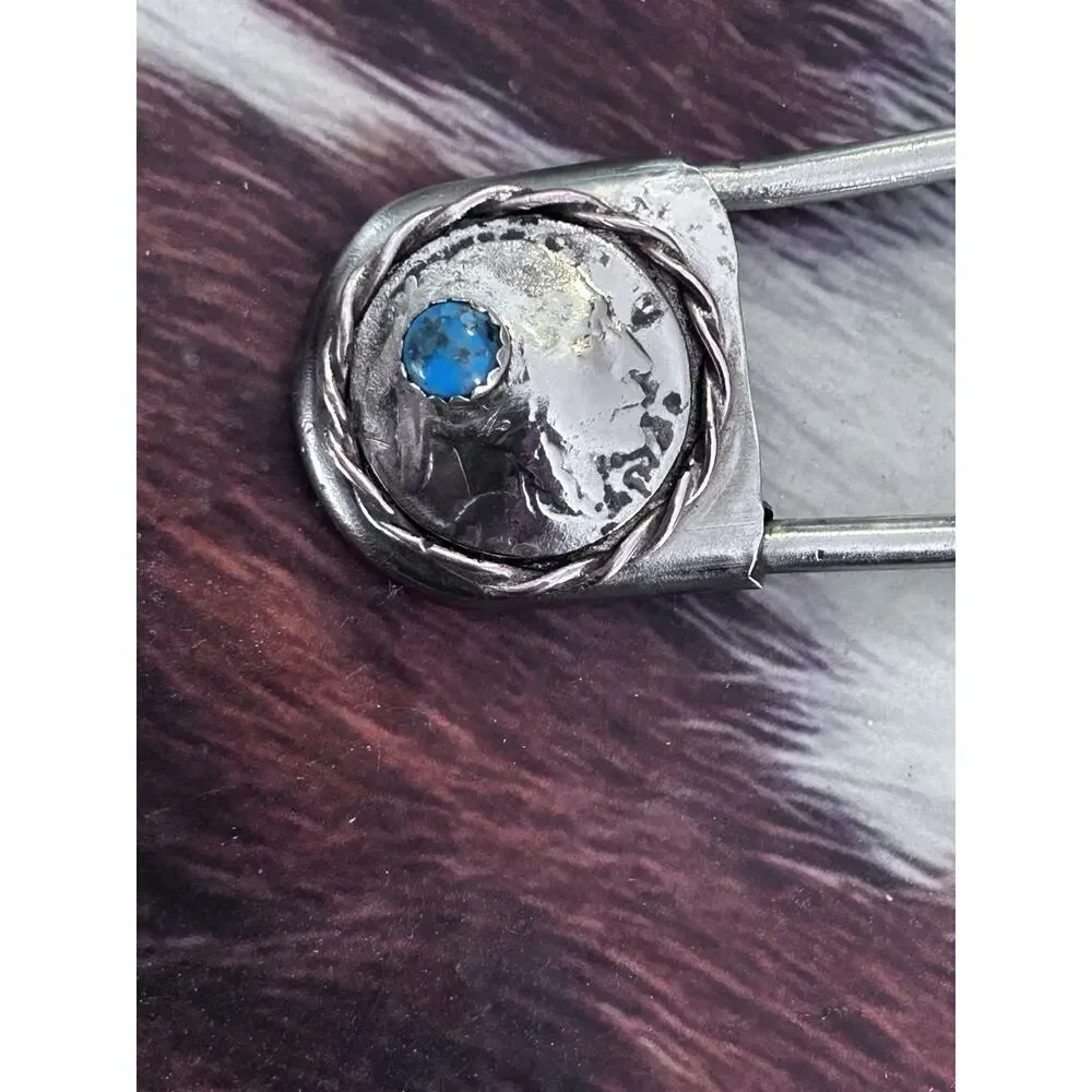 Buffalo Nickel And Kingman Turquoise Large Safety Pin Hair Pin - Key Chain